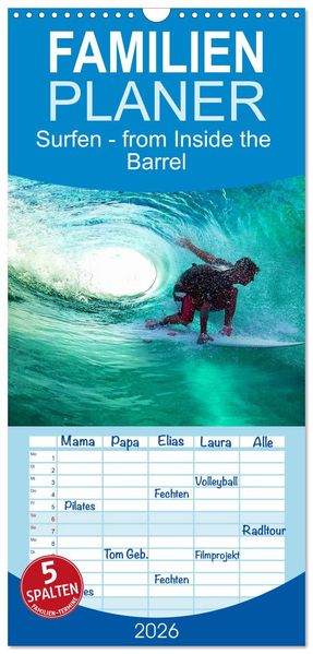 Familienplaner 2026 - Surfen - from Inside the Barrel mit 5 Spalten (Wandkalender 21 x 45 cm) CALVENDO