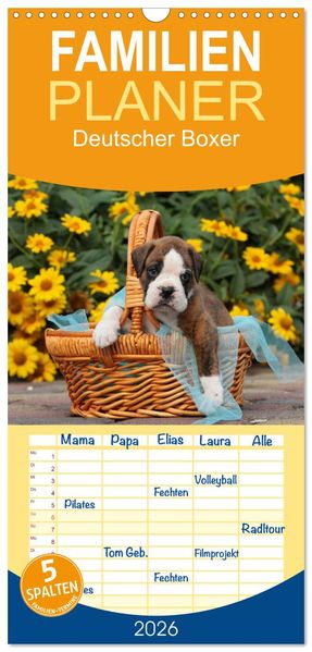 Familienplaner 2026 - Deutscher Boxer 2026 mit 5 Spalten (Wandkalender 21 x 45 cm) CALVENDO