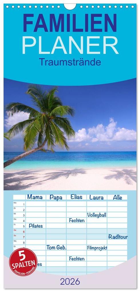 Familienplaner 2026 - Traumstrände mit 5 Spalten (Wandkalender 21 x 45 cm) CALVENDO