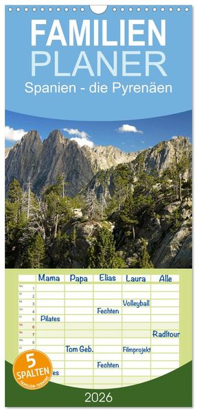 Familienplaner 2026 - Spanien - die Pyrenäen mit 5 Spalten (Wandkalender 21 x 45 cm) CALVENDO