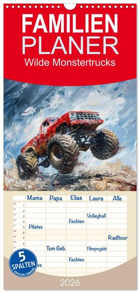 Familienplaner 2026 - Wilde Monstertrucks mit 5 Spalten (Wandkalender 21 x 45 cm) CALVENDO