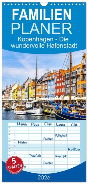 Familienplaner 2026 - Kopenhagen - Die wundervolle Hafenstadt mit 5 Spalten (Wandkalender 21 x 45 cm) CALVENDO