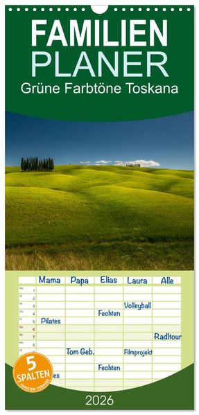 Familienplaner 2026 - Grüne Farbtöne Toskana mit 5 Spalten (Wandkalender 21 x 45 cm) CALVENDO
