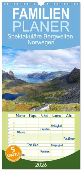 Familienplaner 2026 - Spektakuläre Bergwelten Norwegen mit 5 Spalten (Wandkalender 21 x 45 cm) CALVENDO