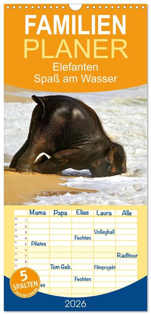 Familienplaner 2026 - Elefanten. Spaß am Wasser mit 5 Spalten (Wandkalender 21 x 45 cm) CALVENDO