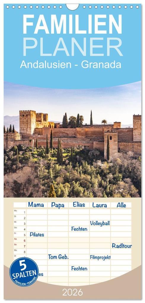 Familienplaner 2026 - Andalusien - Granada mit 5 Spalten (Wandkalender 21 x 45 cm) CALVENDO