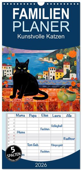 Familienplaner 2026 - Kunstvolle Katzen mit 5 Spalten (Wandkalender 21 x 45 cm) CALVENDO