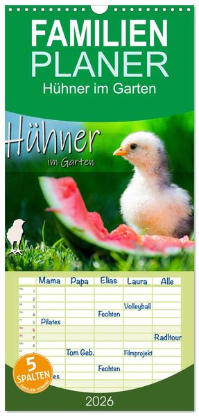 Familienplaner 2026 - Hühner im Garten mit 5 Spalten (Wandkalender 21 x 45 cm) CALVENDO