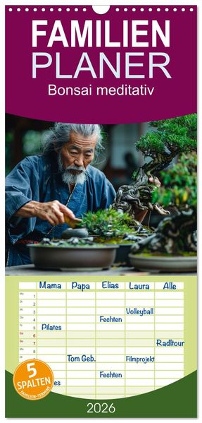 Familienplaner 2026 - Bonsai meditativ mit 5 Spalten (Wandkalender 21 x 45 cm) CALVENDO
