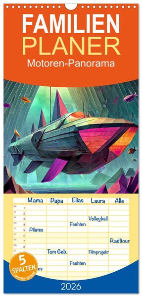 Familienplaner 2026 - Motoren-Panorama mit 5 Spalten (Wandkalender 21 x 45 cm) CALVENDO