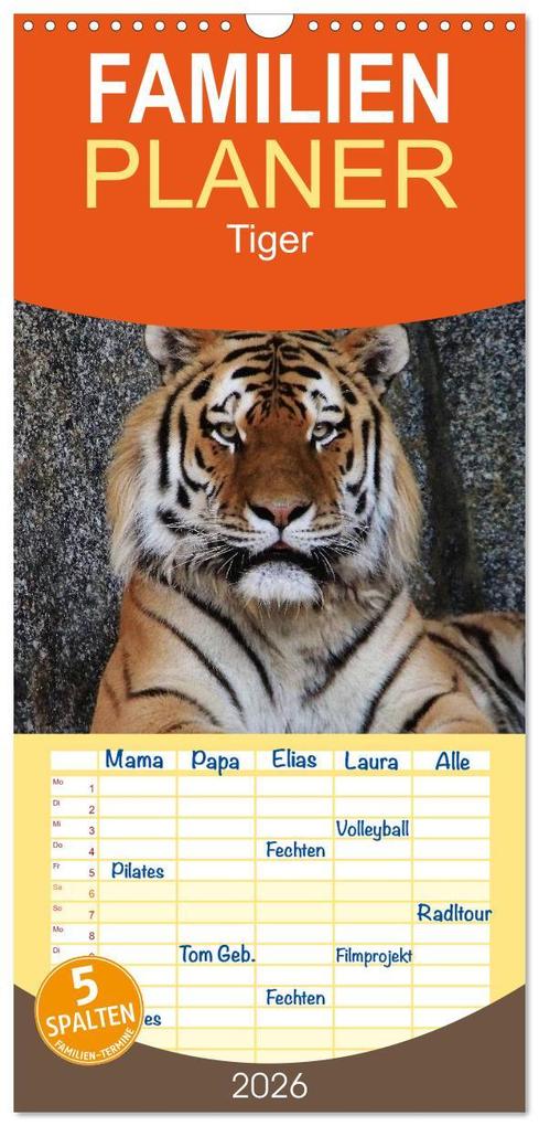 Familienplaner 2026 - Tiger mit 5 Spalten (Wandkalender 21 x 45 cm) CALVENDO