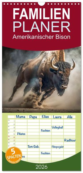 Familienplaner 2026 - Amerikanischer Bison mit 5 Spalten (Wandkalender 21 x 45 cm) CALVENDO