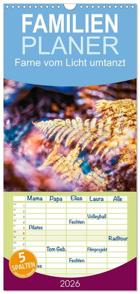 Familienplaner 2026 - Farne vom Licht umtanzt mit 5 Spalten (Wandkalender 21 x 45 cm) CALVENDO