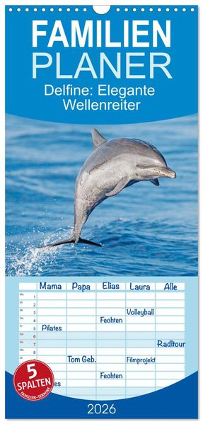 Familienplaner 2026 - Delfine: Elegante Wellenreiter mit 5 Spalten (Wandkalender 21 x 45 cm) CALVENDO