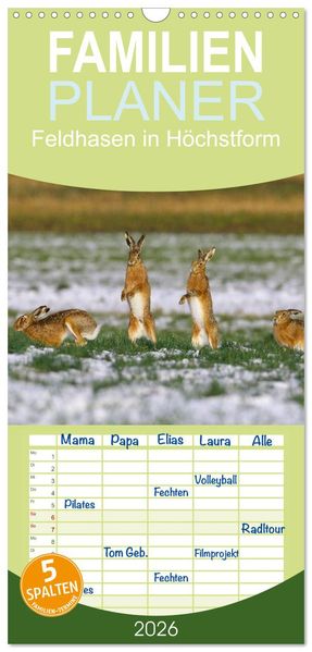 Familienplaner 2026 - Feldhasen in Höchstform mit 5 Spalten (Wandkalender 21 x 45 cm) CALVENDO