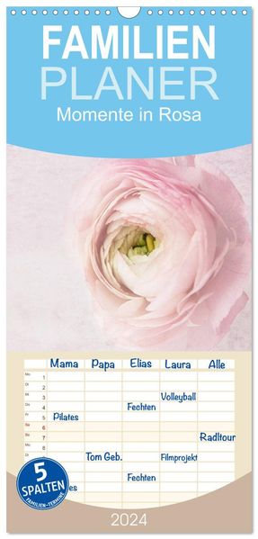 Familienplaner 2026 - Momente in Rosa mit 5 Spalten (Wandkalender 21 x 45 cm) CALVENDO