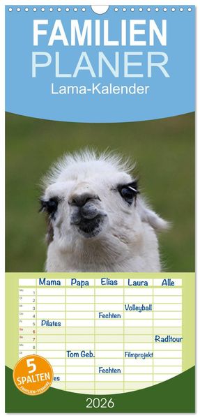 Familienplaner 2026 - Lama-Kalender mit 5 Spalten (Wandkalender 21 x 45 cm) CALVENDO