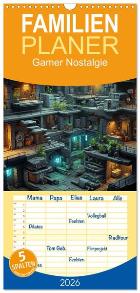 Familienplaner 2026 - Gamer Nostalgie mit 5 Spalten (Wandkalender 21 x 45 cm) CALVENDO