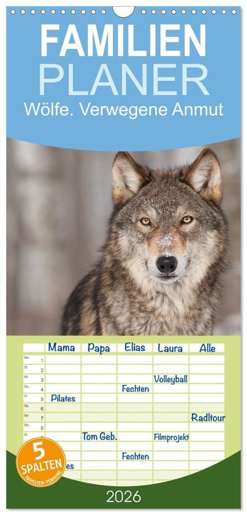 Familienplaner 2026 - Wölfe. Verwegene Anmut mit 5 Spalten (Wandkalender 21 x 45 cm) CALVENDO