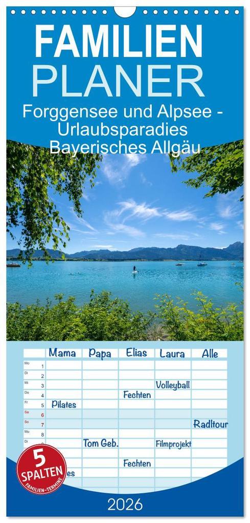 Familienplaner 2026 - Forggensee und Alpsee - Urlaubsparadies Bayerisches Allgäu mit 5 Spalten (Wandkalender 21 x 45 cm) CALVENDO