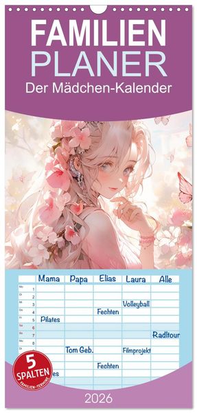Familienplaner 2026 - Der Mädchen-Kalender mit 5 Spalten (Wandkalender 21 x 45 cm) CALVENDO