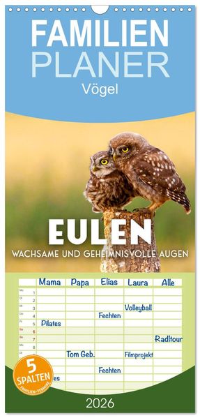 Familienplaner 2026 - Eulen - Wachsame und geheimnisvolle Augen mit 5 Spalten (Wandkalender 21 x 45 cm) CALVENDO