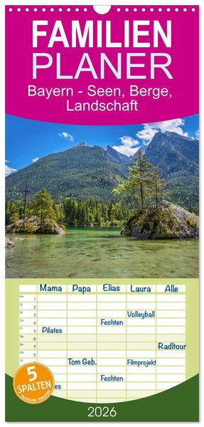 Familienplaner 2026 - Bayern - Seen Berge Landschaft mit 5 Spalten (Wandkalender 21 x 45 cm) CALVENDO