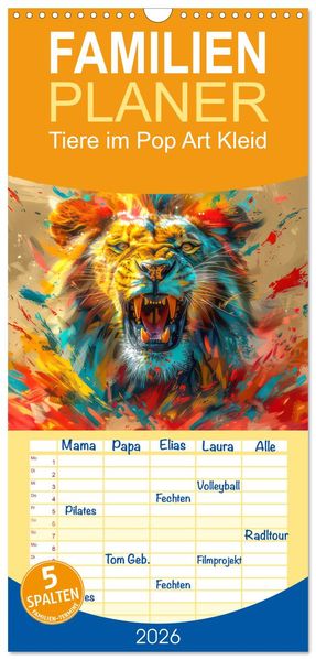 Familienplaner 2026 - Tiere im Pop Art Kleid mit 5 Spalten (Wandkalender 21 x 45 cm) CALVENDO
