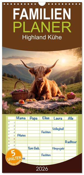 Familienplaner 2026 - Highland Kühe mit 5 Spalten (Wandkalender 21 x 45 cm) CALVENDO