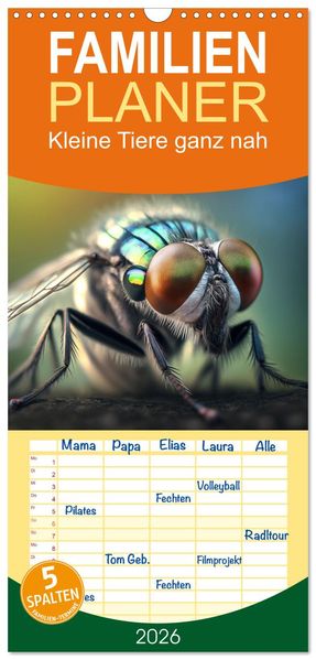 Familienplaner 2026 - Kleine Tiere ganz nah mit 5 Spalten (Wandkalender 21 x 45 cm) CALVENDO