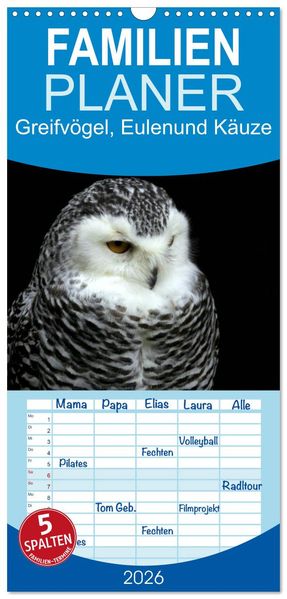 Familienplaner 2026 - Greifvögel Eulen und Käuze mit 5 Spalten (Wandkalender 21 x 45 cm) CALVENDO
