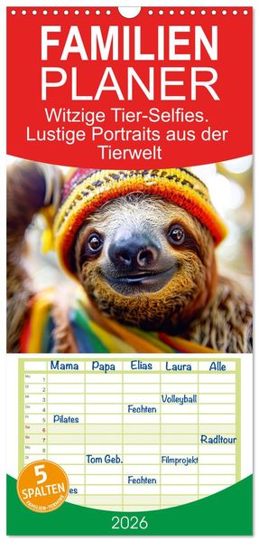 Familienplaner 2026 - Witzige Tier-Selfies. Lustige Portraits aus der Tierwelt mit 5 Spalten (Wandkalender 21 x 45 cm) CALVENDO