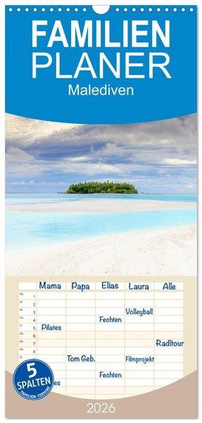 Familienplaner 2026 - Malediven Perle im Indischen Ozean mit 5 Spalten (Wandkalender 21 x 45 cm) CALVENDO