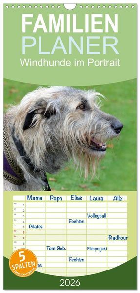 Familienplaner 2026 - Windhunde im Portrait mit 5 Spalten (Wandkalender 21 x 45 cm) CALVENDO