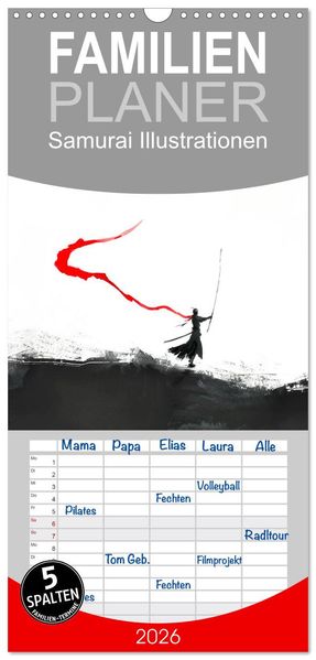 Familienplaner 2026 - Samurai Illustrationen mit 5 Spalten (Wandkalender 21 x 45 cm) CALVENDO
