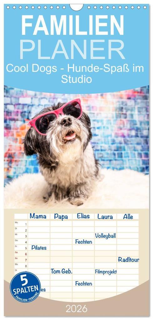 Familienplaner 2026 - Cool Dogs - Hunde-Spaß im Studio mit 5 Spalten (Wandkalender 21 x 45 cm) CALVENDO