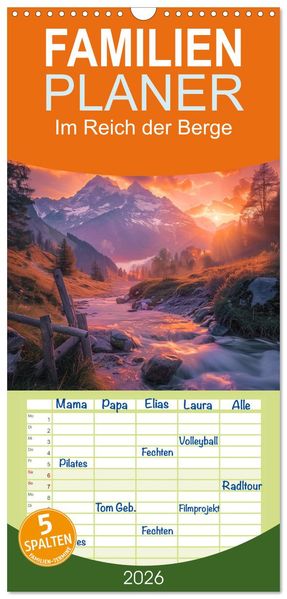 Familienplaner 2026 - Im Reich der Berge mit 5 Spalten (Wandkalender 21 x 45 cm) CALVENDO