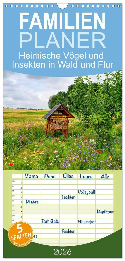 Familienplaner 2026 - Heimische Vögel und Insekten in Wald und Flur mit 5 Spalten (Wandkalender 21 x 45 cm) CALVENDO