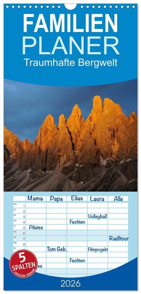 Familienplaner 2026 - Traumhafte Bergwelt Kalender mit 5 Spalten (Wandkalender 21 x 45 cm) CALVENDO