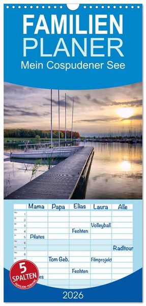 Familienplaner 2026 - Mein Cospudener See mit 5 Spalten (Wandkalender 21 x 45 cm) CALVENDO