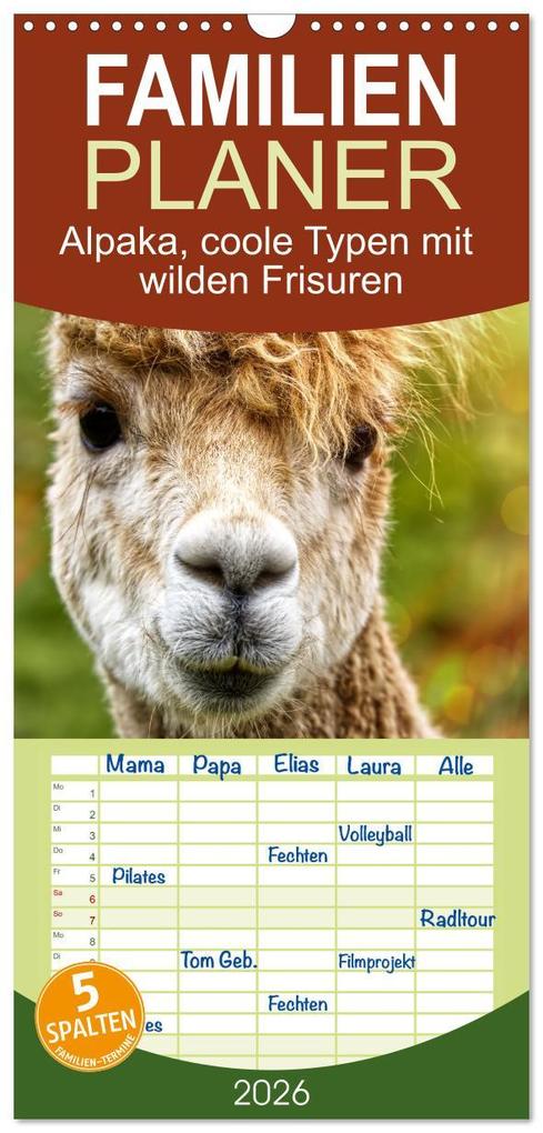 Familienplaner 2026 - Alpaka coole Typen mit wilden Frisuren mit 5 Spalten (Wandkalender 21 x 45 cm) CALVENDO
