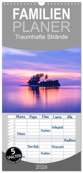 Familienplaner 2026 - Traumhafte Strände mit 5 Spalten (Wandkalender 21 x 45 cm) CALVENDO