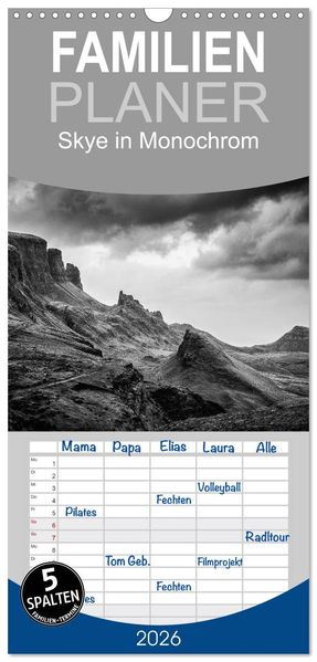 Familienplaner 2026 - Skye in Monochrom mit 5 Spalten (Wandkalender 21 x 45 cm) CALVENDO