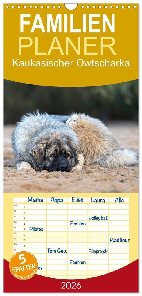 Familienplaner 2026 - Kaukasischer Owtscharka mit 5 Spalten (Wandkalender 21 x 45 cm) CALVENDO