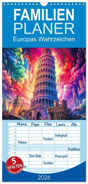 Familienplaner 2026 - Europas Wahrzeichen mit 5 Spalten (Wandkalender 21 x 45 cm) CALVENDO