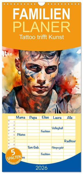 Familienplaner 2026 - Tattoo trifft Kunst mit 5 Spalten (Wandkalender 21 x 45 cm) CALVENDO