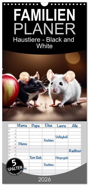 Familienplaner 2026 - Haustiere - Black and White mit 5 Spalten (Wandkalender 21 x 45 cm) CALVENDO