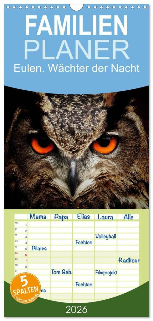 Familienplaner 2026 - Eulen. Wächter der Nacht mit 5 Spalten (Wandkalender 21 x 45 cm) CALVENDO