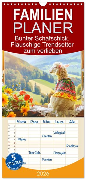 Familienplaner 2026 - Bunter Schafschick. Flauschige Trendsetter zum verlieben mit 5 Spalten (Wandkalender 21 x 45 cm) CALVENDO