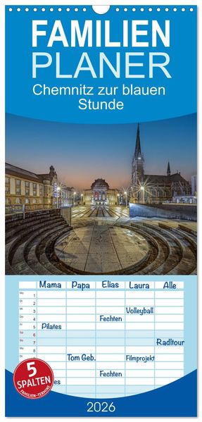 Familienplaner 2026 - Chemnitz zur blauen Stunde mit 5 Spalten (Wandkalender 21 x 45 cm) CALVENDO
